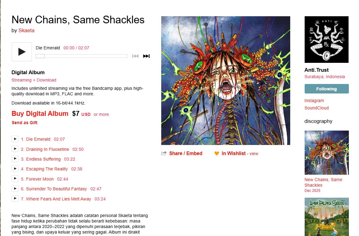 debut albumku "New Chains, Same Shackles" sudah dirilis via Anti Trust Records (Bandcamp) antitrustrecords.bandcamp.com/album/new-chai… selamat mendengarkan, selamat merayakan kekacauan (´•︵•`) #breakcore #breakcoregalau #diarydepresiku