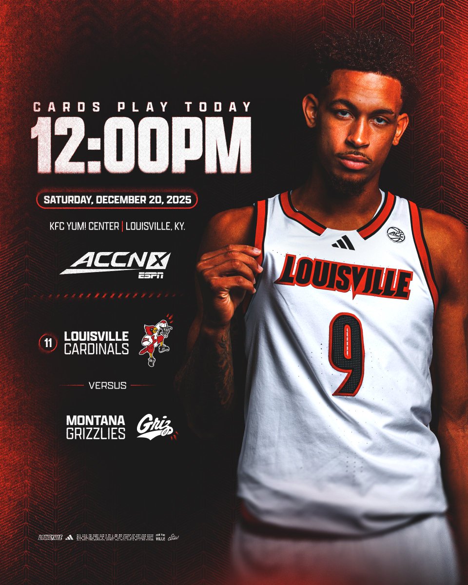 LouisvilleMBB's tweet image. Taking on the Grizzlies

🆚 Montana
📍 KFC Yum! Center
🕛 12 p.m. ET
📺 ACCNX
💻 uofl.me/MBB12Watch
📊 uofl.me/LouisvilleStats
📻 @939TheVille 
🎟️ uofl.me/MBB12Tix
🧸Teddy Bear Toss

#GoCards