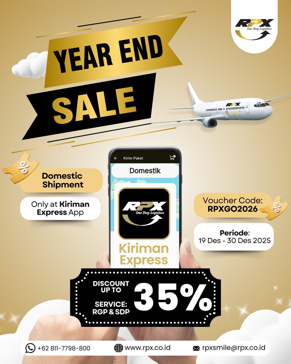 Nikmati YEAR END SALE RPX dengan diskon hingga 35% untuk pengiriman domestik 🚚✈️
📦 Service: RGP &amp; SDP
📲 Berlaku khusus di aplikasi Kiriman Express
🎟️ Voucher Code: RPXGO2026
🗓️ Periode: 19–30 Desember 2025

#RPXOneStopLogistics #KirimPaket #PromoKirimPaket