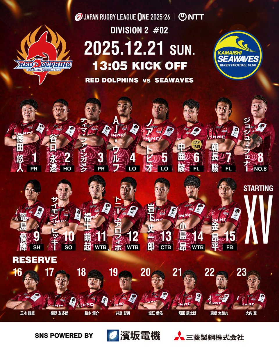 🔴𝗦𝗧𝗔𝗥𝗧𝗜𝗡𝗚 𝗟𝗜𝗡𝗘-𝗨𝗣🐬
ご声援をよろしくお願いいたします📣

🏆#NTTリーグワン D2 第2節 
📅12/21(日)13:05KO
🆚#釜石シーウェイブス @KamaishiSW@kamaishi_seawaves
🏟釜石鵜住居復興スタジアム(岩手県)
観戦情報はこちら🔽
kamaishi-seawaves.com/host20251221

#日野レッドドルフィンズ
🖐#TAP🖐