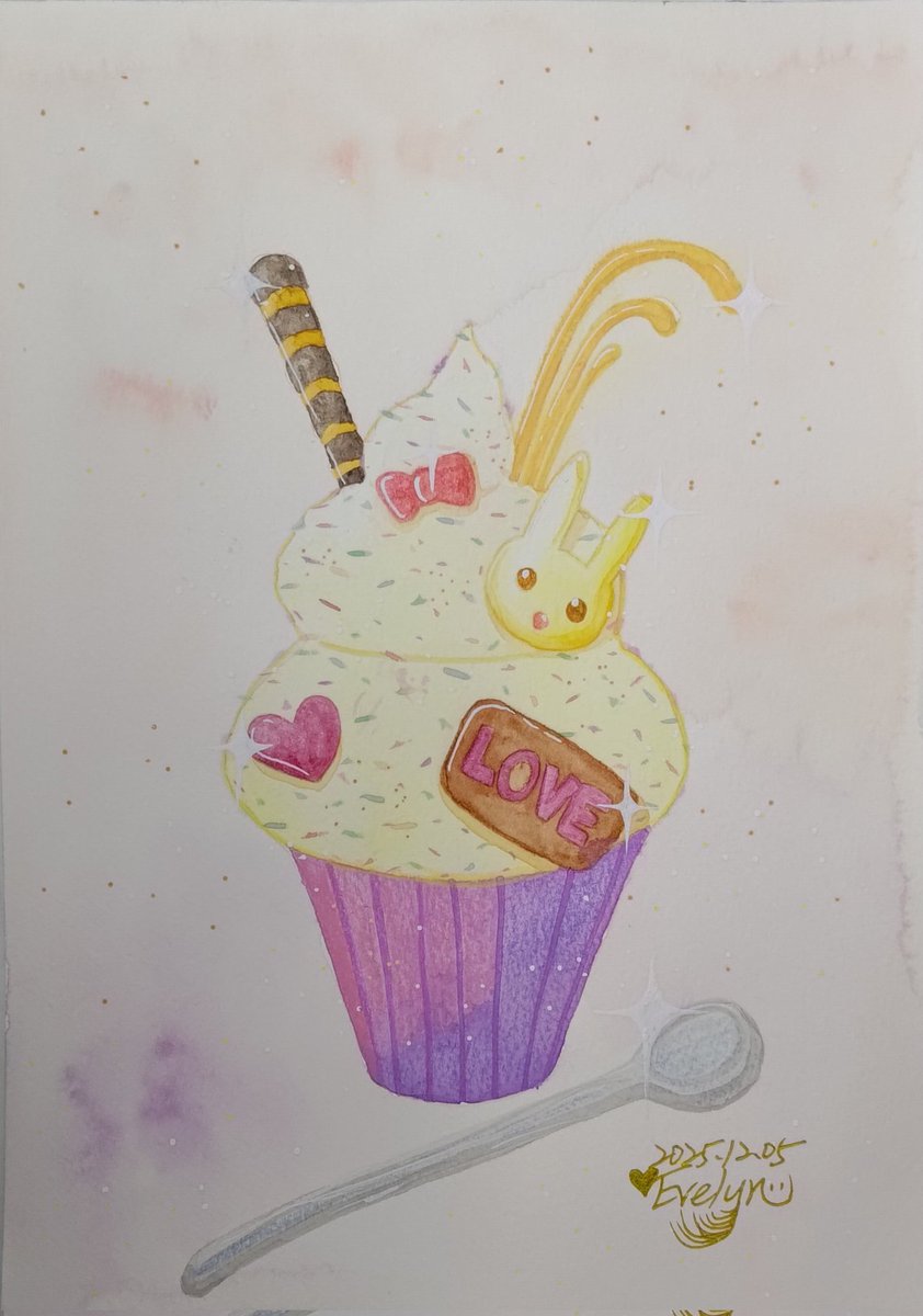兔兔冰淇淋」 充滿少女心的甜點， 是否會想要來一口呢？ #手繪#水彩#色鉛筆#少女#冰淇淋#甜點#可愛#Watercolor  #Coloredpencil #Cute #Icecream #イラスト#いいねした人全員フォロー, image size:842x1200