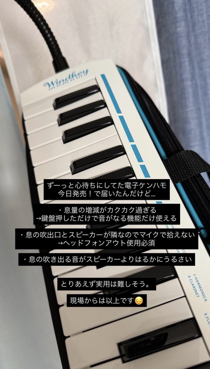 tamezo_pf's tweet photo. 死ぬほど心待ちにしていた(やっと!)
今日発売の電子鍵盤ハーモニカ様です
明日の現場で使おうかと思ってたんだけど難しそうなので…簡単なレポを(涙)
まだPCに繋いで試してないけど、このスムーズにいかないカクカク具合はmidiとして使うのも難しそうだぞ…🤔
#Windkey https://t.co/riFS7TIuvI