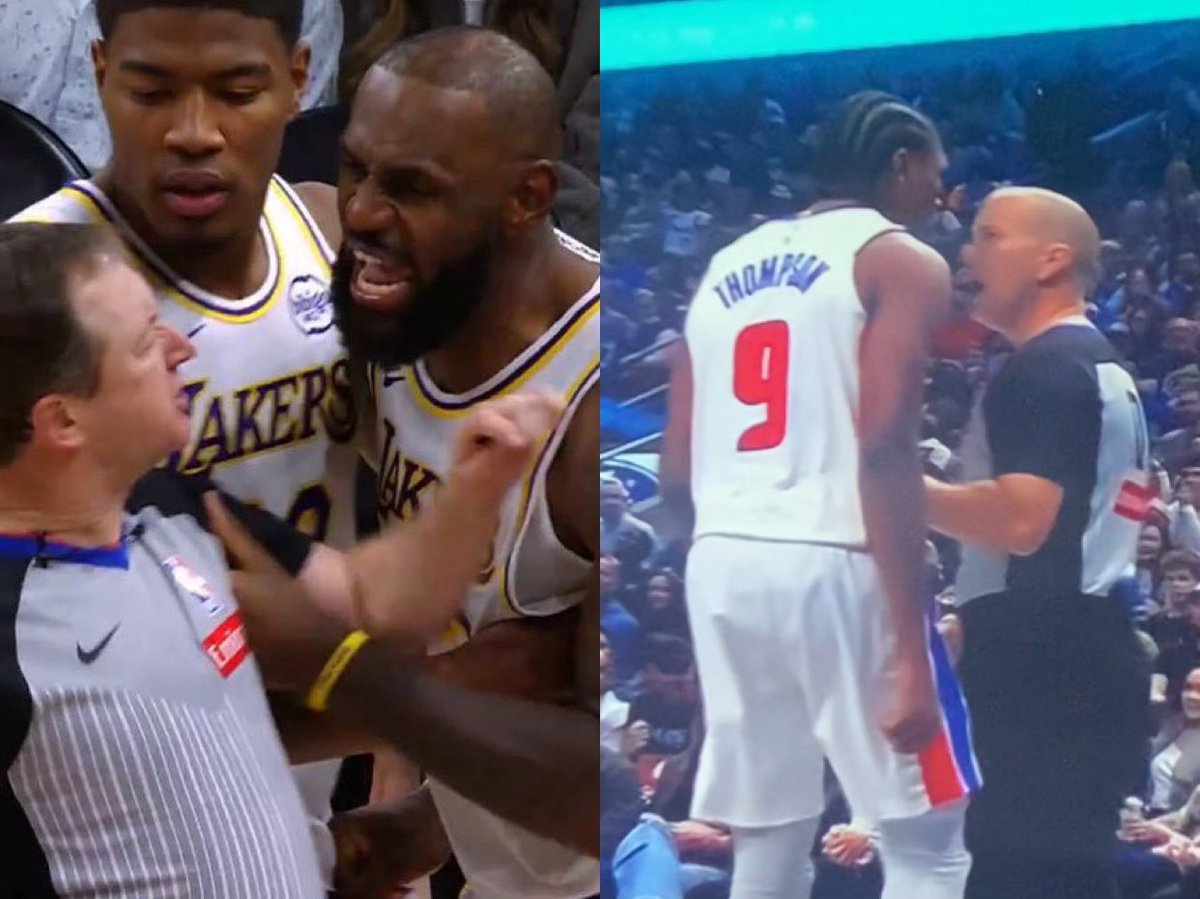 Pistons__Talk's tweet photo. LeBron James grabs an official nothing. Ausar Thompson disagree with a call ejection https://t.co/N80J59lgXG