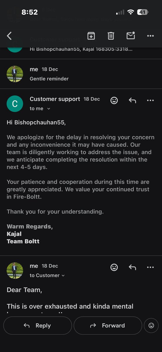 bunny5398's tweet photo. Biggest scammer @fireboltt__ 

I have raised an request for return and replacement of my friends watch on 5th Nov and they asked me to pay 150/- pickup charges which i have paid on same day it is still pending and every mail i send reminder they revert as below
@jagograhakjago https://t.co/tETWnXYcQf