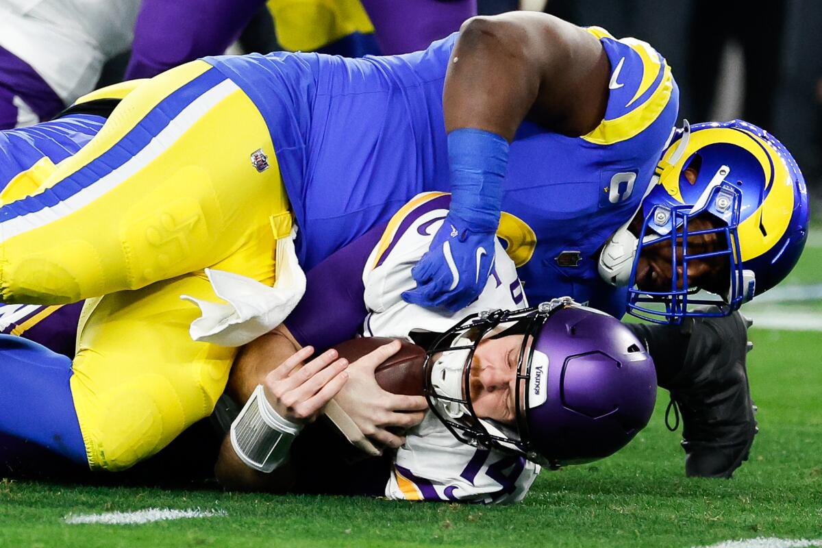 CallumJJacques's tweet photo. Sam Darnold’s last three games vs the Rams:
64% pass completion
1 TD
6 interceptions 
11 sacks

#RamsHouse https://t.co/fnIuRzJDB7