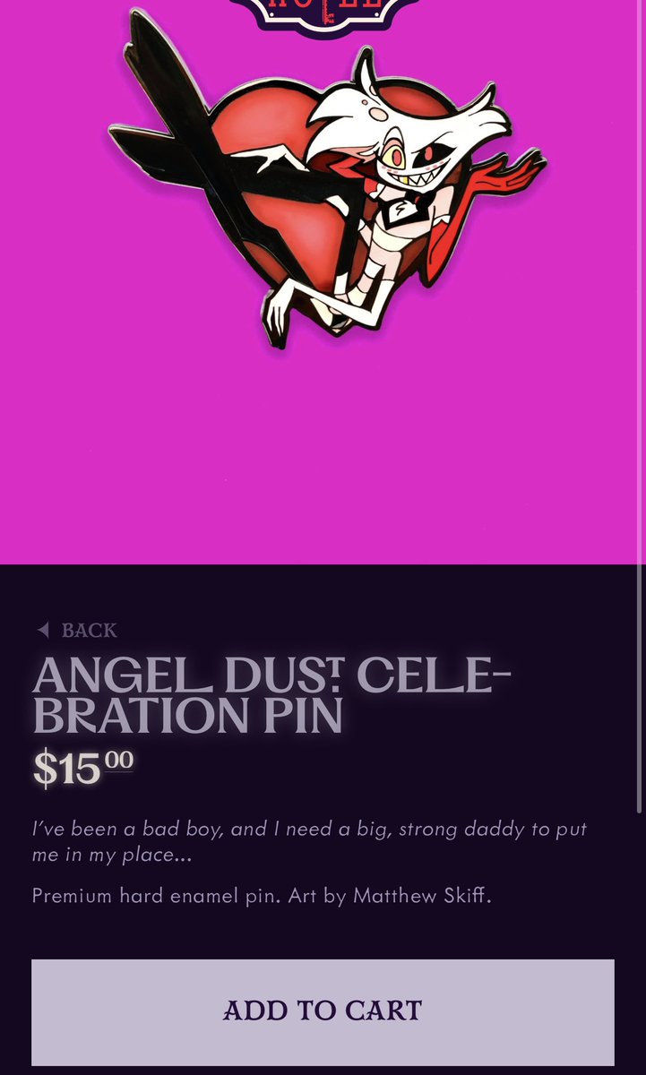 The angel dust pin has been restocked !!!!
#HazbinHotel #AngelDust