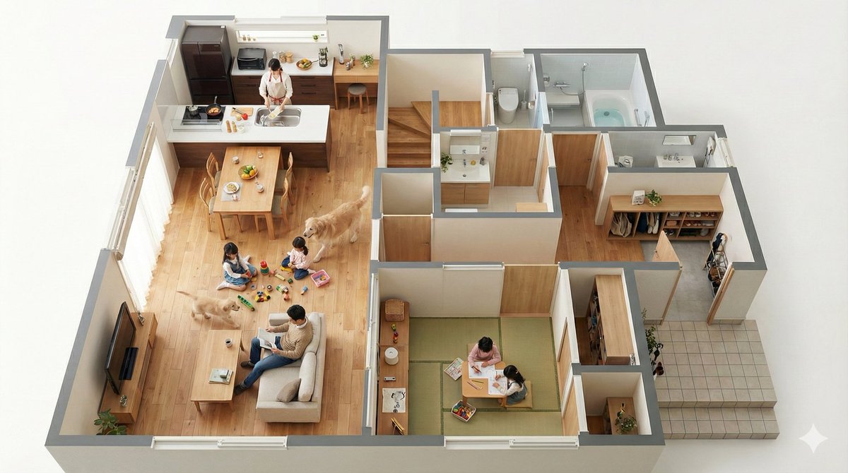 ゴールデンレトリバーの親子もリビングで一緒に遊んでいる様子も含めて