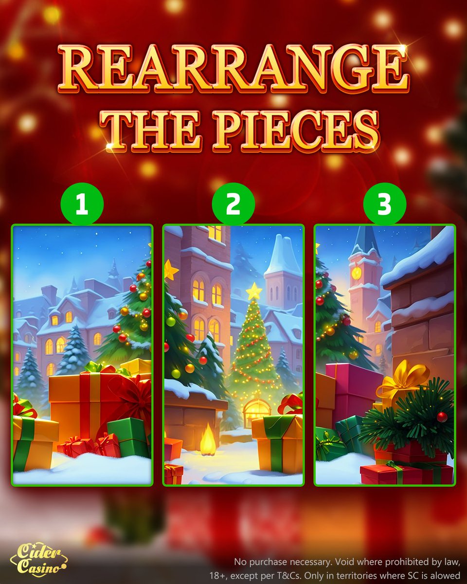 cidercasino's tweet image. 🧩 Christmas Giveaway 🧩
Arrange pieces 1-3 into a festive scene 🎄✨
10 winners will each get:
70K GC + 2 SC as a holiday bonus! 🎁
Reply with your answer to enter!
⏳ Ends: Dec 28, 11:59 PM (UTC-8)
🏆 Winners announced here on Dec 29!
#cidercasino #ChristmasGiveaway  #freecoins