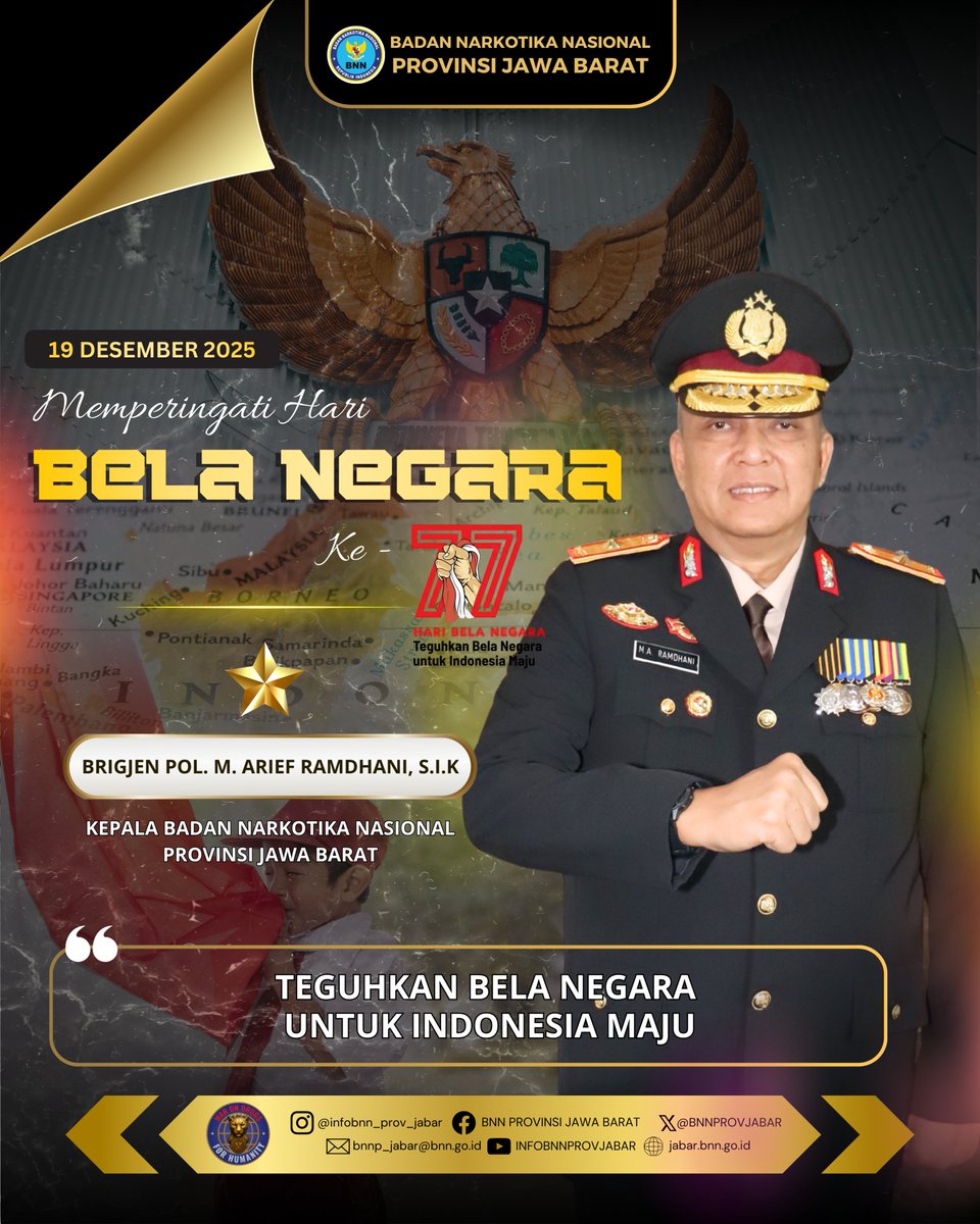Kepala BNN Provinsi Jawa Barat beserta seluruh staf serta BNN Kabupaten/Kota jajaran mengucapkan

Selamat memperingati Hari Bela Negara ke-77.
Mari teguhkan semangat bela negara melalui pengabdian dan kerja nyata demi Indonesia yang lebih maju.

#HariBelaNegara #belanegara77