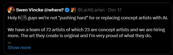 imperium42's tweet photo. "I have ideas for lots of games, but I'm fifty years old and so far it's taken me seven years on average to make one game," he adds. "If AI helps me realize those ideas faster, I'm all for it" says KC2 developer, adding to Larian's AI response:

This resonates with me as I'm soon to enter my 40s as a father with limited time. While it only took me 12mo to ship Throne of Lies, I didn't ship it with all the features I wanted to. If I had AI back then - 8 years ago - my old game would've had some serious completionism from a dev's perspective.

#gamedev #ai
