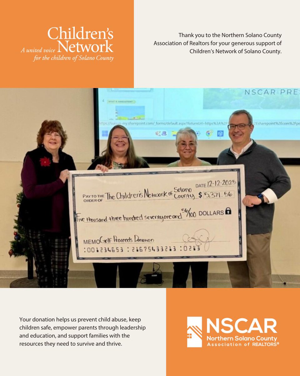 ChildrensNet's tweet image. We are grateful to the Northern Solano County Association of Realtors for their generous donation to Children’s Network, made possible through the proceeds of their 19th Annual Golf Tournament held on October 10. Thank you for your continued support!