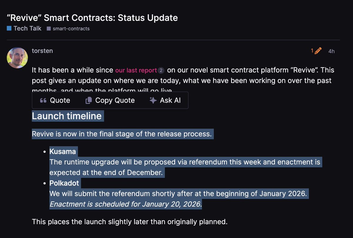 💥最新：@Polkadot 智能合约平台Revive 将在2026 年1 月20 上线！ 但是本周会先在@kusamanetwork  上通过公投提交一个runtime 升级提案，预计12 月底在Kusama 上正式生效！  虽然上线时间稍晚了一个月，但是也可以理解，毕竟马上要圣诞节了，大部分老外现在已经进入与家人 ...
