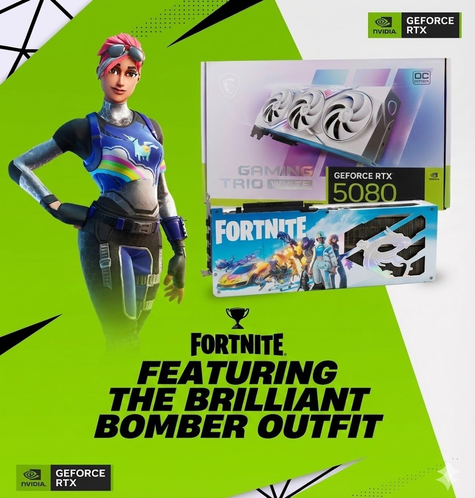 Winners of the NVIDIA GeForce RTX Cup will also receive a one time use code for the Brilliant bomber skin with their RTX 5080 Fortnite-branded graphics cards