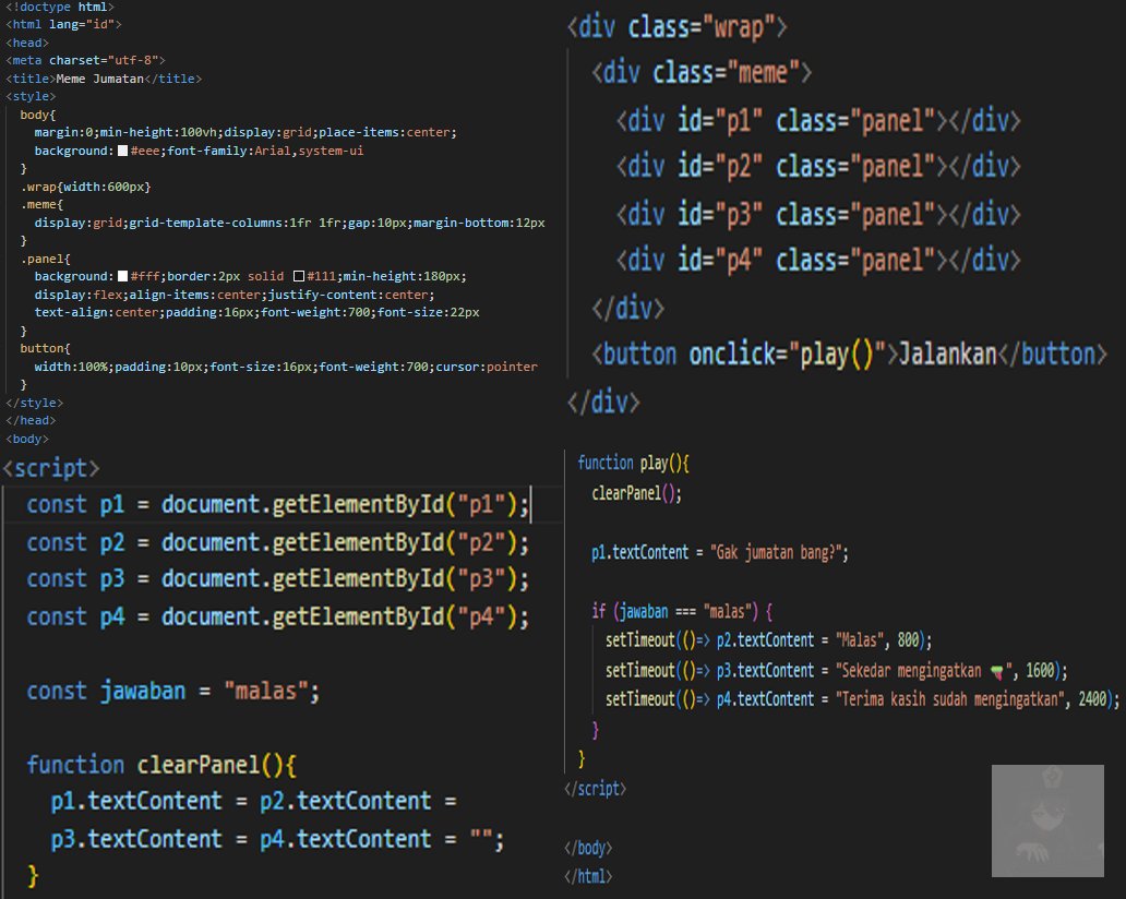 memefess's tweet photo. Yeet!
let jumatan = "Sekedar mengingatkan"
console.log(jumatan) https://t.co/mwv8ILaBVt