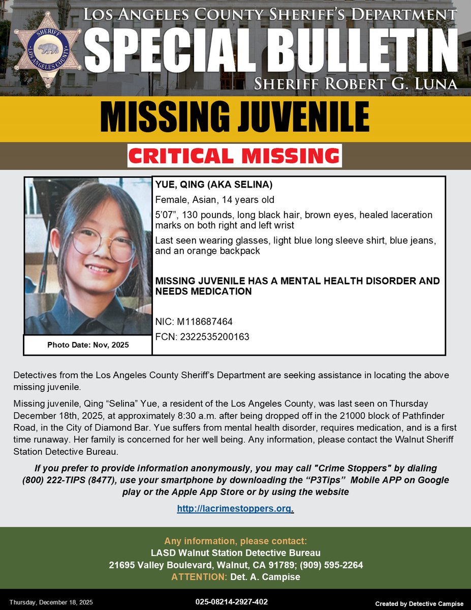 LASDHQ's tweet photo. #LASD is Asking for the Publicโs Help Locating At-Risk Missing Juvenile, Qing Yue AKA Selina #DiamondBar
https://t.co/ESYp0NjacM https://t.co/y7MvGaHe5t