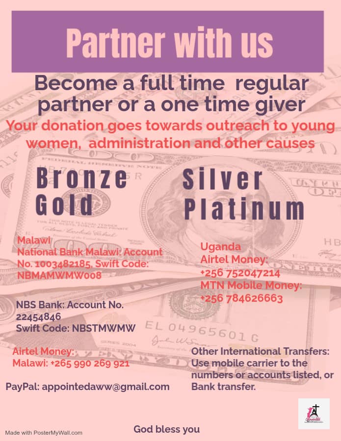 AppointedAAW's tweet photo. Friday is our day to give

You can choose to support our mission to schools and universities 

To donate

National Bank Malawi: Account No. 1003482185, Swift Code: NBMAMWMW008

NBS Bank: Account No. 22454846 
Swift Code: NBSTMWMW

Airtel Money:
Malawi: +265 990 269 921 https://t.co/1pncDeDlU1
