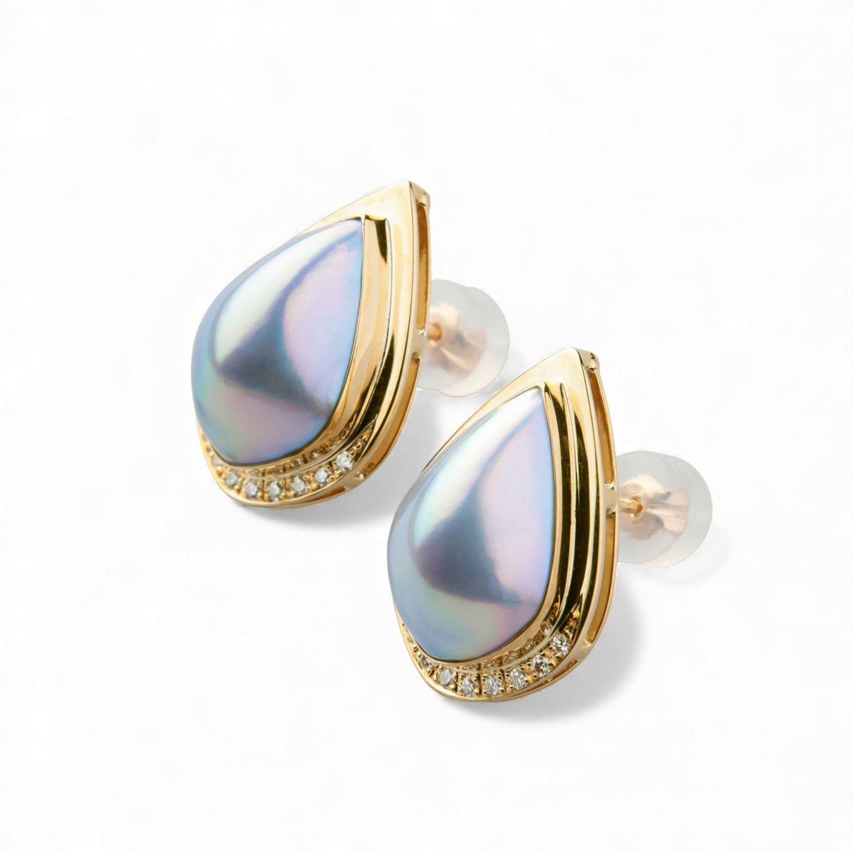 WSP】 マベ真珠 ピアス 角ツユ K18YG オーロラブルー 核の形を変える