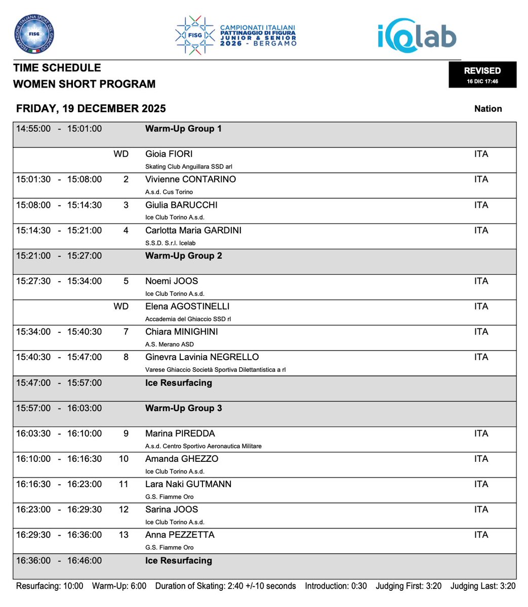 Anna is skating last in the short program at Italian Nationals tomorrow, Dec 19 at 16:29 local time. let's go Anna! 💫