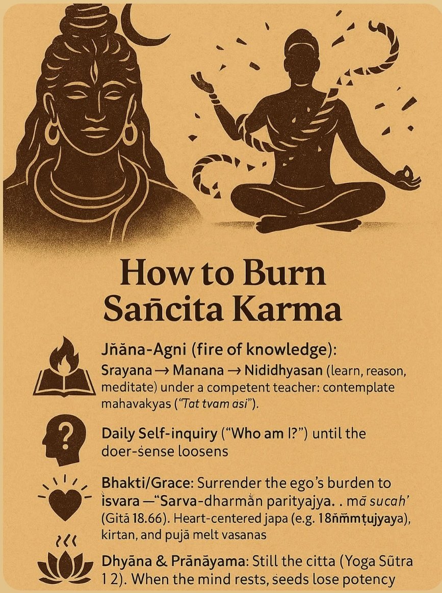 THREAD 🧵 | How to Burn Sañcita Karma 🔥🕉️

You are not bound because of fate.
You are bound because of ignorance.

Vedanta reveals how lifetimes of accumulated karma (Sañcita) can be reduced to ashes—here &amp; now. 👇