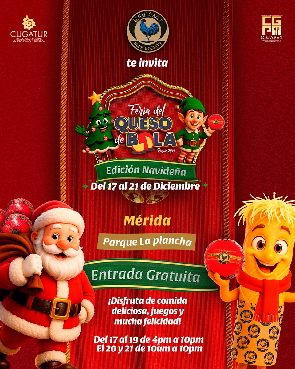 #Mérida #Yucatán disfruta de la #Feria del #QuesodeBola #navideña
🗓Viernes 19 de dic de 4pm a 10pm
🗓Sábado 20 y Domingo 21 de dic de 10am-10pm
📍Parque La Plancha 43 x 48 Centro
Ambiente familiar, snacks, #postres, bebidas y congelados, espectáculos, zona selfie y zona infantil