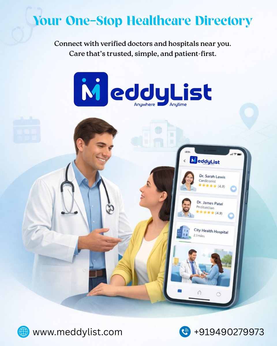 Meddylist6's tweet image. Your One-Stop Healthcare Directory 🏥

Connect with verified doctors and hospitals near you.
Care that’s trusted, simple, and patient-first.

Meddylist – healthcare made easy.
website:meddylist.com

#Meddylist #HealthcareDirectory #FindDoctors #DigitalHealthcare