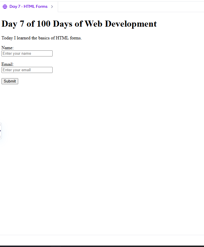 thetechgirlgita's tweet photo. Day (7/100) Web Development Learning Challenge
What I learned today:
1. Create a Form
2. Use of:
- <label>
- <input>
- <button>
GitHub repository: https://t.co/n06mOyX0ev
#100DaysOfCode #WebDevelopment #thetechgirlgita #100daysofchallenge #recentgraduate https://t.co/NJMPTQuG2n