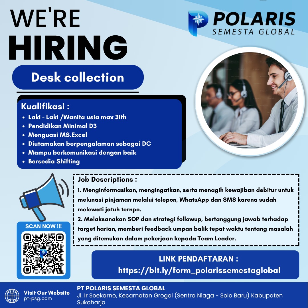 lokersoloraya's tweet image. WE’RE HIRING – POLARIS SEMESTA GLOBAL 

📲 Daftar sekarang melalui link berikut:
👉 bit.ly/form_polarisse…

#PolarisSemestaGlobal #CustomerService #DeskCollection #LokerSolo #LokerSukoharjo #InfoLoker