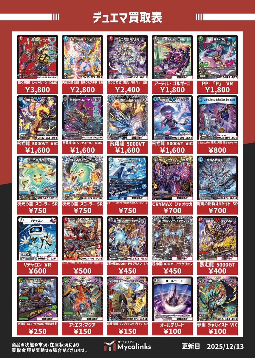 デュエルマスターズ 🔥汎用カード・ノーマルカード買取表🔥 最新買取表