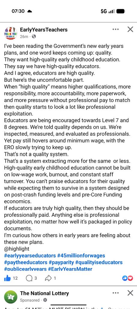 caitcroi's tweet photo. This is very well said. As an early years educator who is well qualified and prides herself in how well she does her job, I'm sad to say I'm actively looking to leave as the pay is not there. 5-10% payrise every couple of years not good enough. I am all for looking after parents https://t.co/mk4pAfWeDT