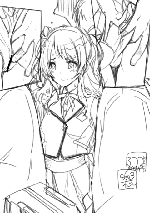 落書き なんかゴソゴソしてるなぁと思ってたけど、まさか痴漢じゃないでしょ。と気にしないそぶりをしてたら手遅れになってしまった某学園アイドル咲季ちゃん。