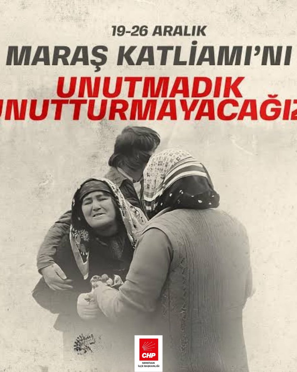 Bundan 47 yıl önce, masum yurttaşlarımızın yaşama haklarının acımasızca ellerinden alındığı 19-26 Aralık 1978 Maraş Katliamı, tarihe kara harflerle yazılmıştır.

Acısı ve utancı silinmeyen katliamda can veren her bir yurttaşımızı, barışa ve adalete duyduğumuz özlemle anıyoruz.