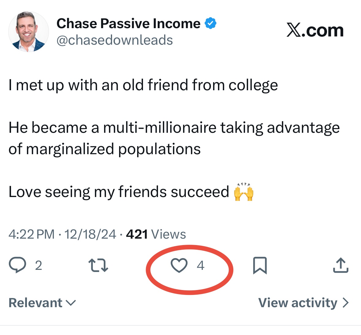 A year ago, Chase Passive Income had 300 followers and got 4 likes per post

A lot can happen when you just keep writing