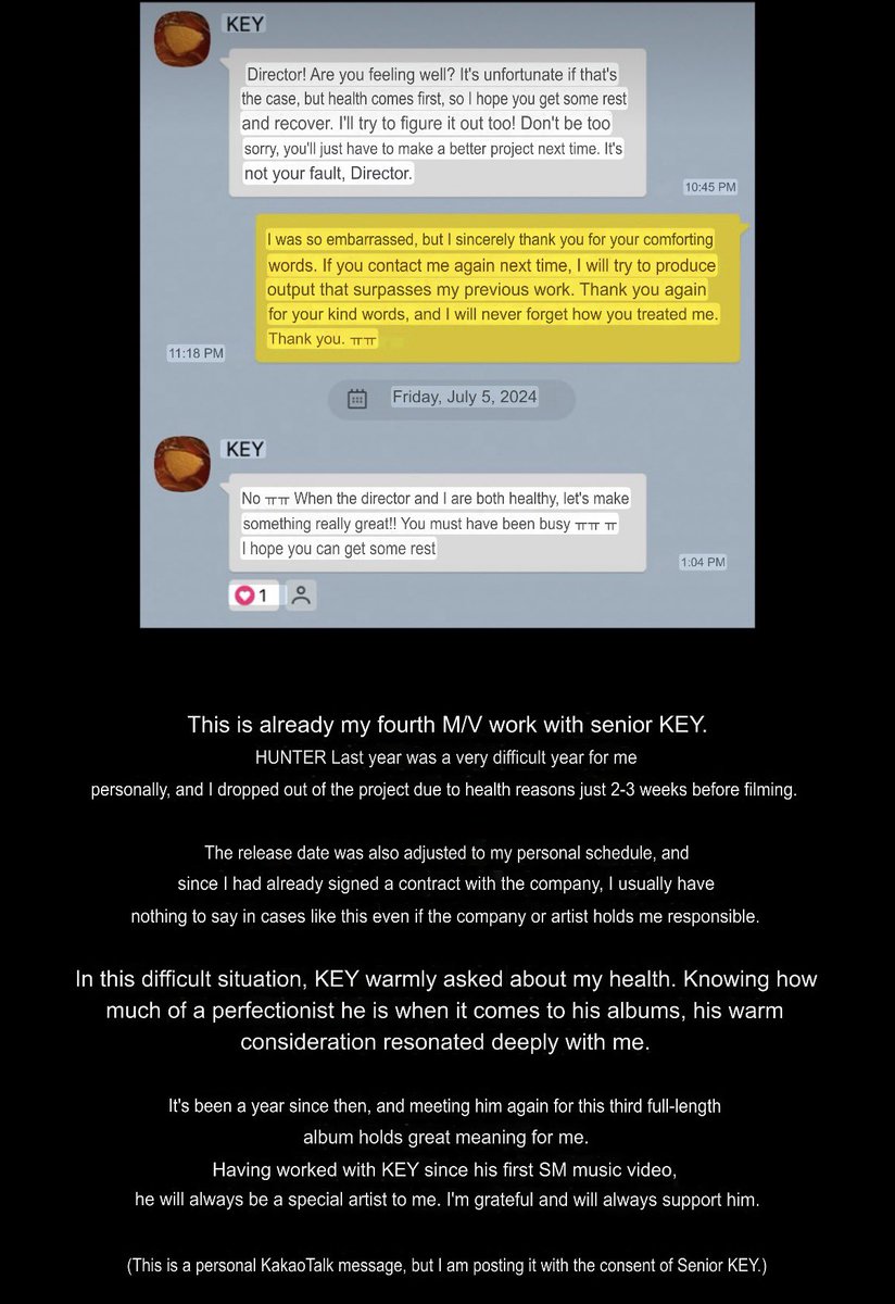 keyomibum's tweet image. The hunter MV director dropped out right before the 'pleasure shop' MV shoot last year due to personal reasons, and later shared a conversation he had with Key at the time.
*english version attached