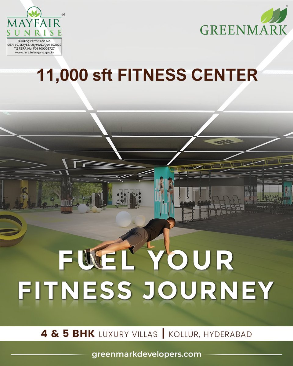 greenmarkhyd's tweet photo. Rise and shine at Greenmark Mayfair Sunrise! Fuel Your Fitness Journey at our 11,000 sqft Fitness Center, equipped with top-notch gear! Push your limits, reach new heights! Visit https://t.co/IHe8mD92gn
for more!
.
#GreenmarkDevelopers #mayfairsunrise #villas #kollur #hyderabad https://t.co/NPkNknailN