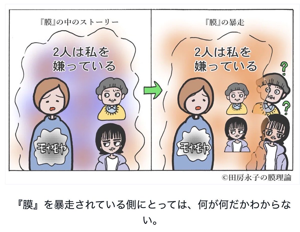 tabusa's tweet image. 脈絡のない怒りを
爆発させてくる人も

ハラスメントになる自覚
なく、圧倒的に自分より
下の年齢や立場の人と対等に
恋心を結ぼうとするのも

『膜』が暴走している状態です

「田房永子の膜理論 セルフケア編」
（毎週木曜note連載/全８回）
ただいま第４回まで更新中
note.com/hahamora/n/n96…