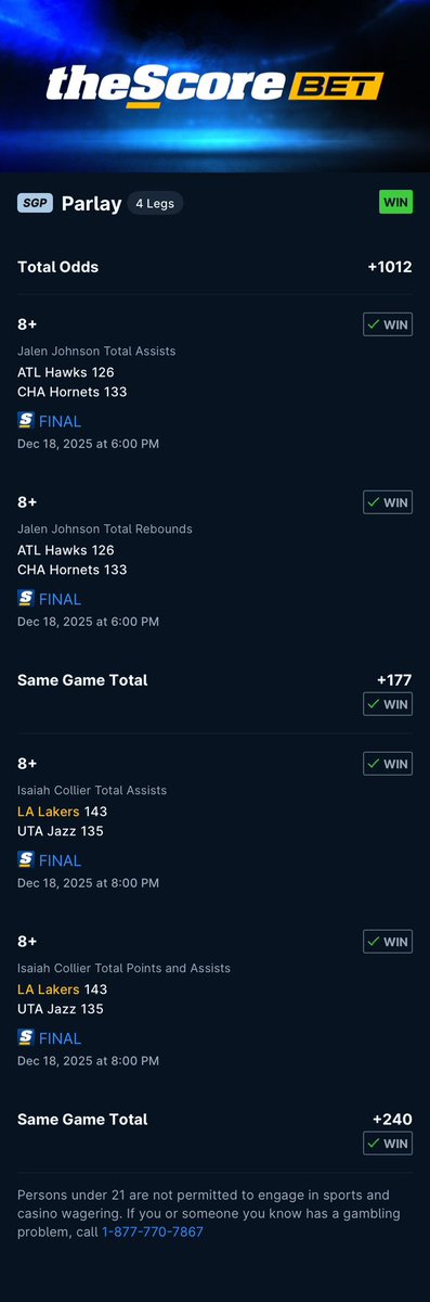 _G5ive's tweet image. 1 assist away from a +11200 with Jalen Johnson ending with 9 assists.