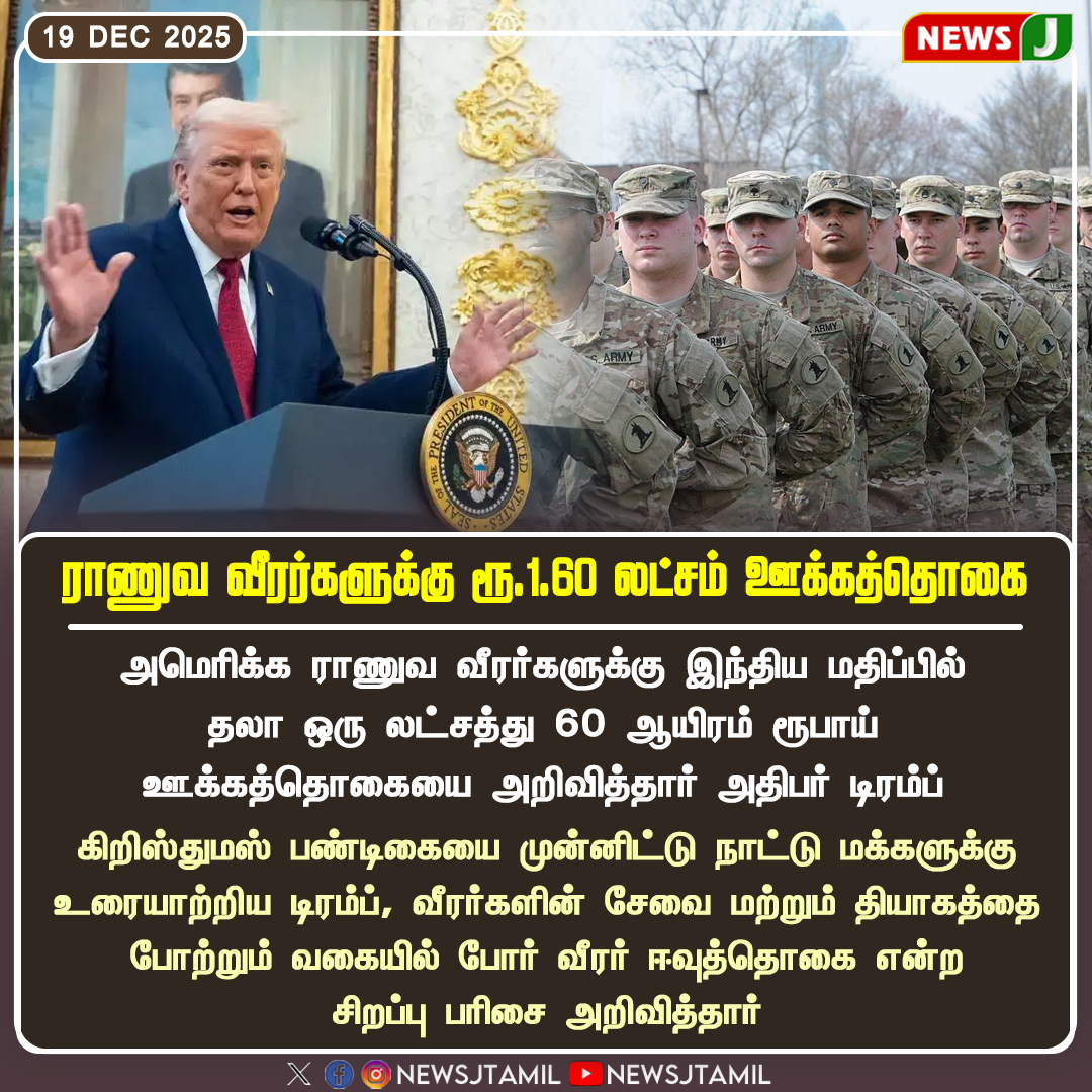 NewsJTamil's tweet photo. ராணுவ வீரர்களுக்கு ரூ.1.60 லட்சம் ஊக்கத்தொகை..!
#SoldiersWelfare #IncentiveAmount #NationalSecurity #RespectForSoldiers #America #DonaldTrump #newsj https://t.co/BY12IUVwYs