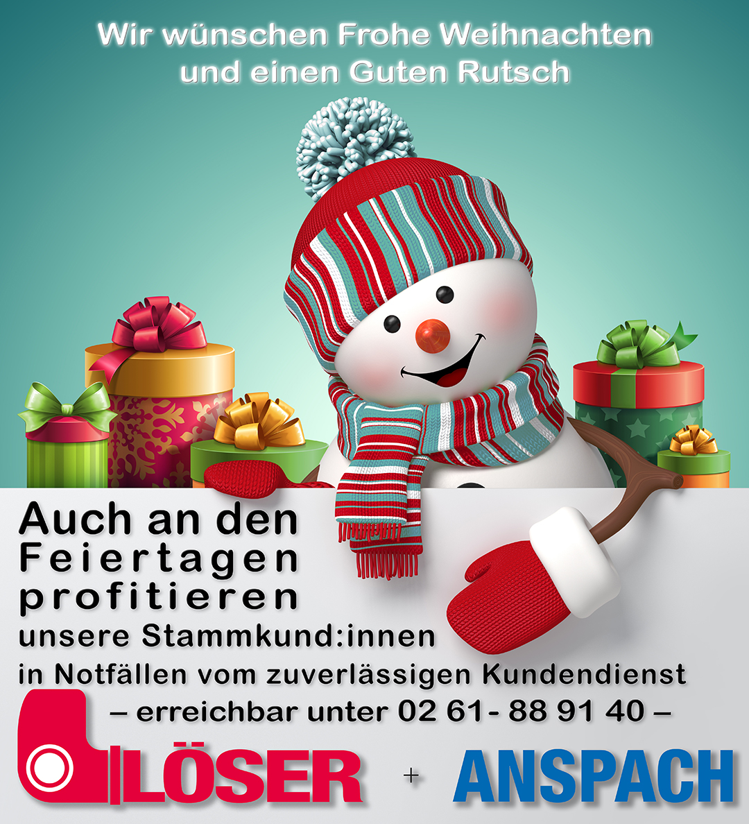 🎄 Frohe Weihnachten &amp; einen guten Rutsch! ❄️
Auch an den Feiertagen sind wir im Notfall für unsere Stamm- und Vertragskund:innen erreichbar.
📞 02 61 – 88 91 40

#FroheWeihnachten #GuterRutsch #Kundendienst #Notfallservice #LöserUndAnspach