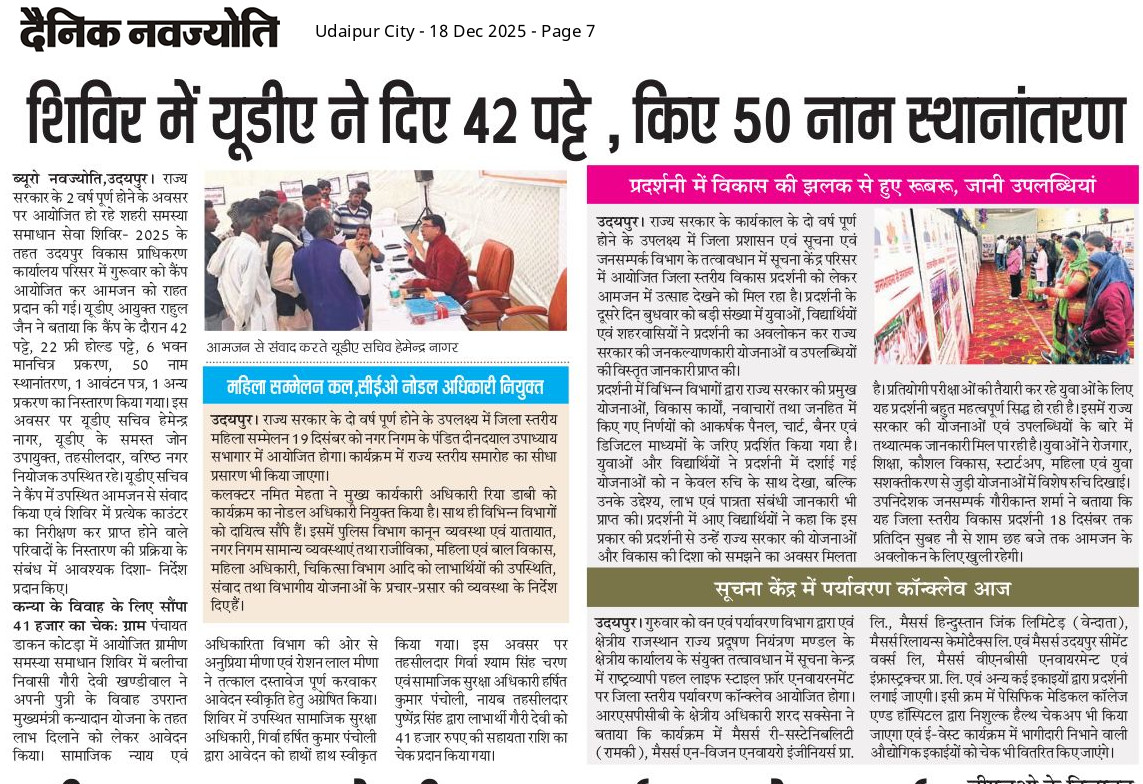 UDAUDAIPUR's tweet photo. राज्य सरकार के 2 वर्ष पूर्ण होने पर उदयपुर विकास प्राधिकरण में आयोजित “शहरी समस्या समाधान शिविर–2025” 
आमजन से संवाद | समस्याओं का समाधान | पट्टा वितरण
#RozThodaBehtar #बढ़ता_राजस्थान #2साल_नव_उत्थान_नया_राजस्थान #उदयपुर_के_अवसर 
@RajCMO|@DIPRRajasthan|@RajGovOfficial https://t.co/1p1Xy8EHmE