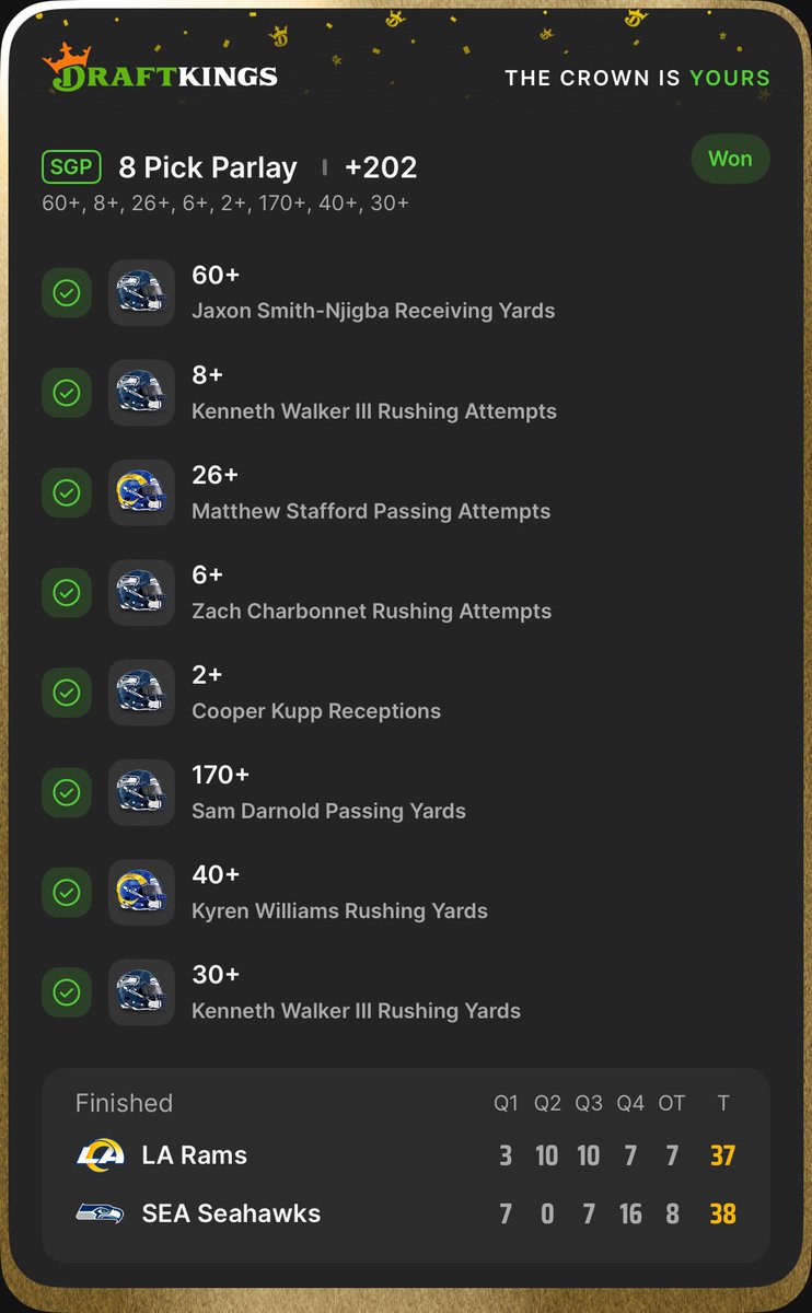 LostKidFawkes's tweet image. It’s not much but it’s honest work for #ThursdayNightFootball . Parlay was optimized via @HOFApp