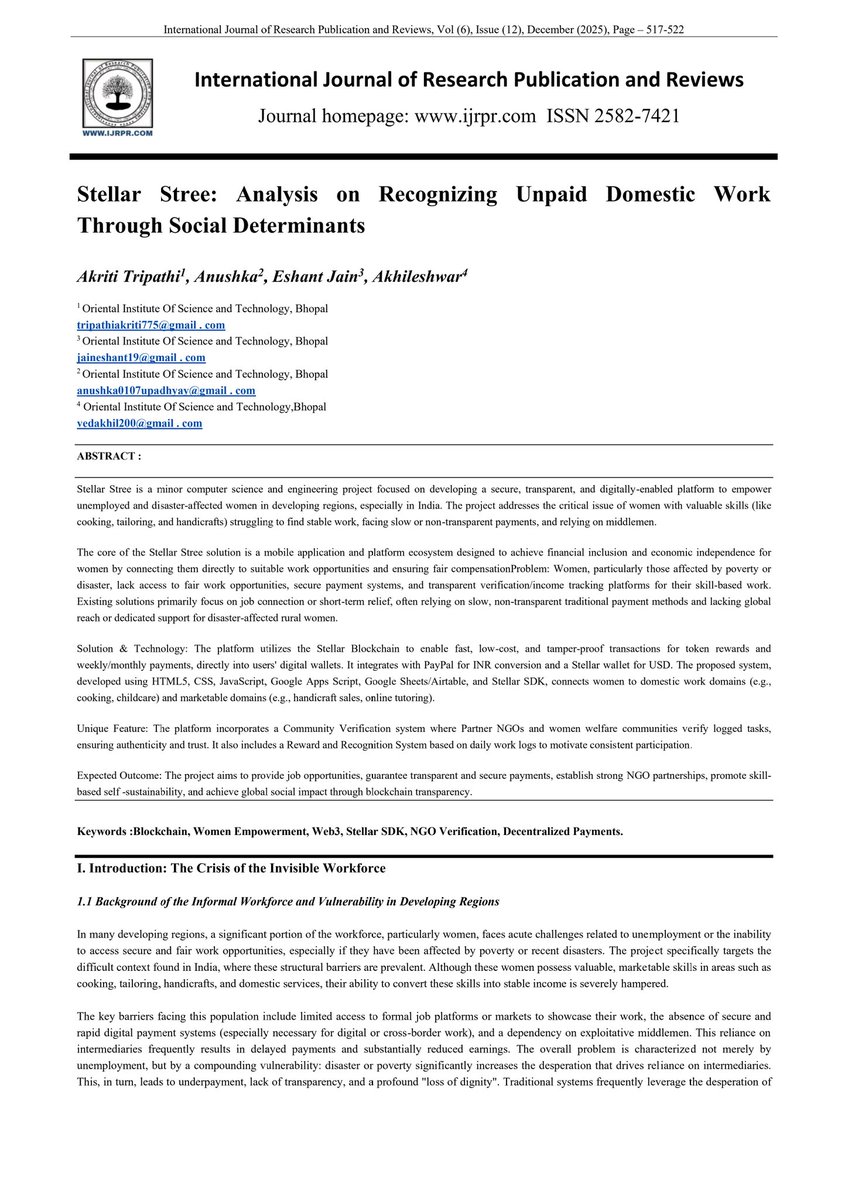 Stellar_Stree's tweet photo. Turning invisible work into visible value.
Stellar Stree explores how blockchain can recognize, verify, and reward women’s unpaid domestic work.

#Stellar #StellarStree #BlockchainForGood #WomenEmpowerment #Web3 #DecentralizedPayments #SocialImpact #research #Blockchain #Web3 https://t.co/99GJBtUFMZ