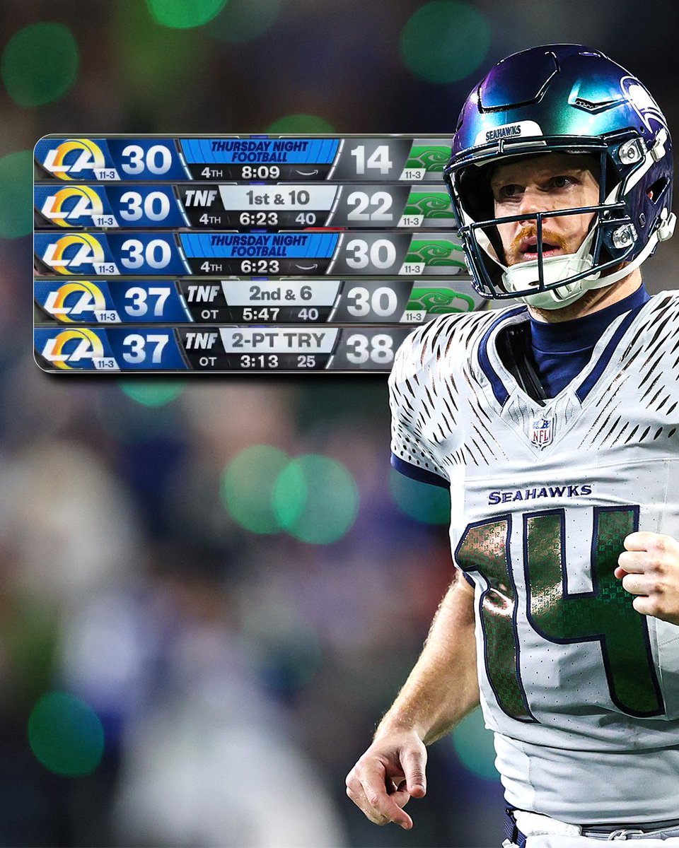 DKSportsbook's tweet image. The Seahawks trailed 30-14 with 8:09 left in the 4th quarter...

and won 38-37 in OT 🤯

WHAT. A. GAME.