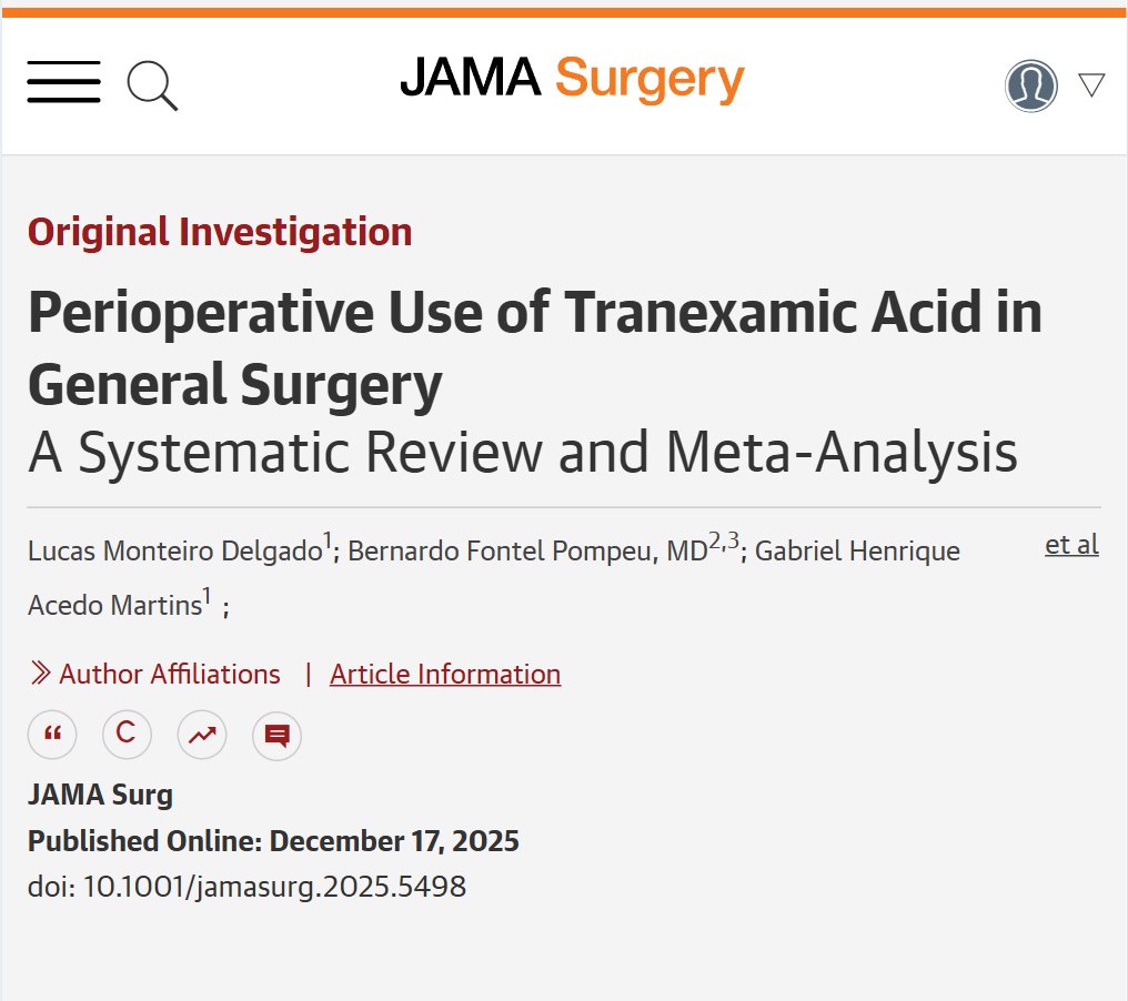 JAMASurgery's tweet image. Systematic review and meta-analysis: Prophylactic TXA use was associated with lower intraoperative blood loss, transfusion requirements, and major bleeding without an observed increase in thromboembolic or mortality risk. ja.ma/4595K1L