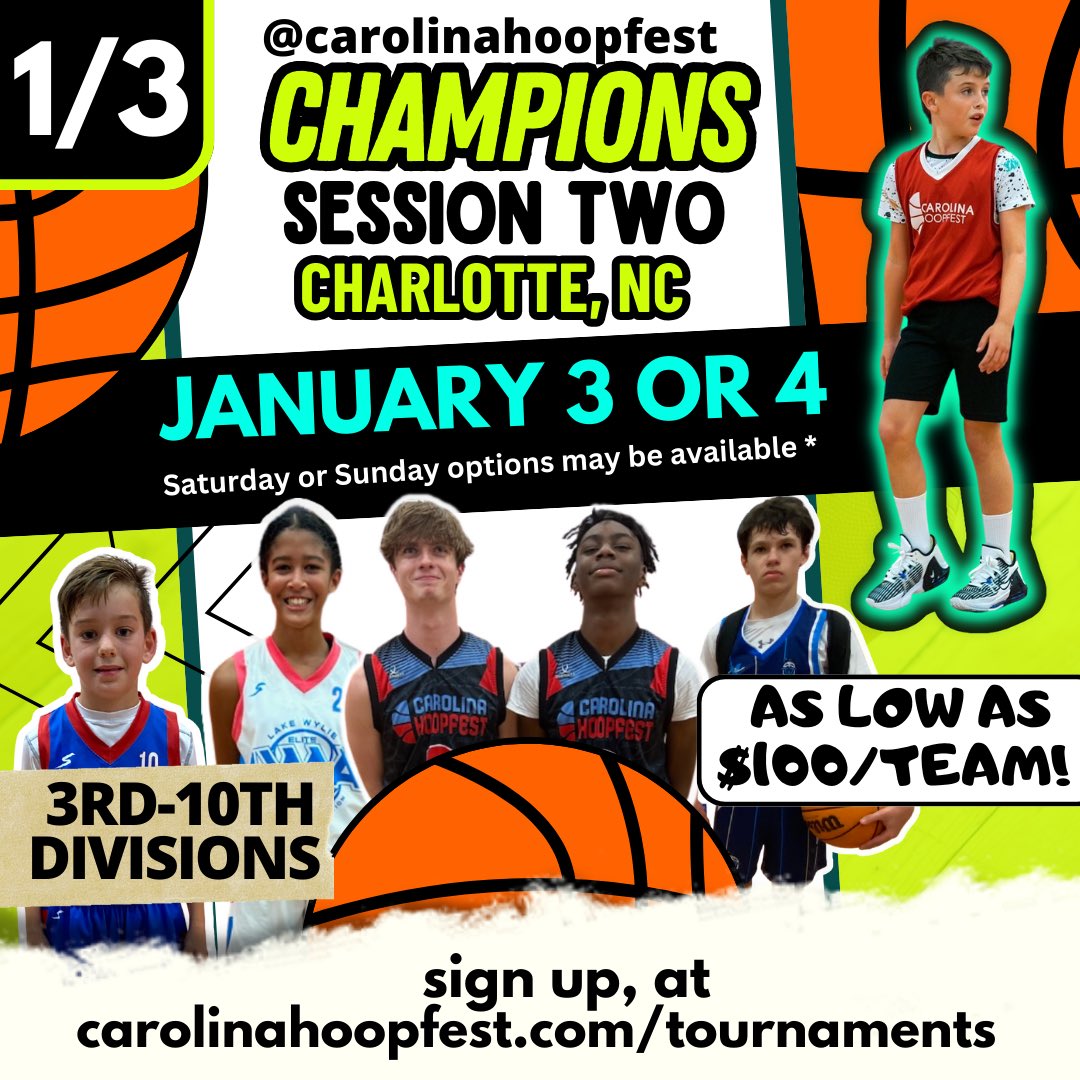 NChoopfest's tweet image. 🏀 Champions Session Two 🏀
📆 January 3 or 4 
📍Charlotte,NC 
‼️ONLY $100/team! ‼️
sign up at carolinahoopfest.com/tournaments