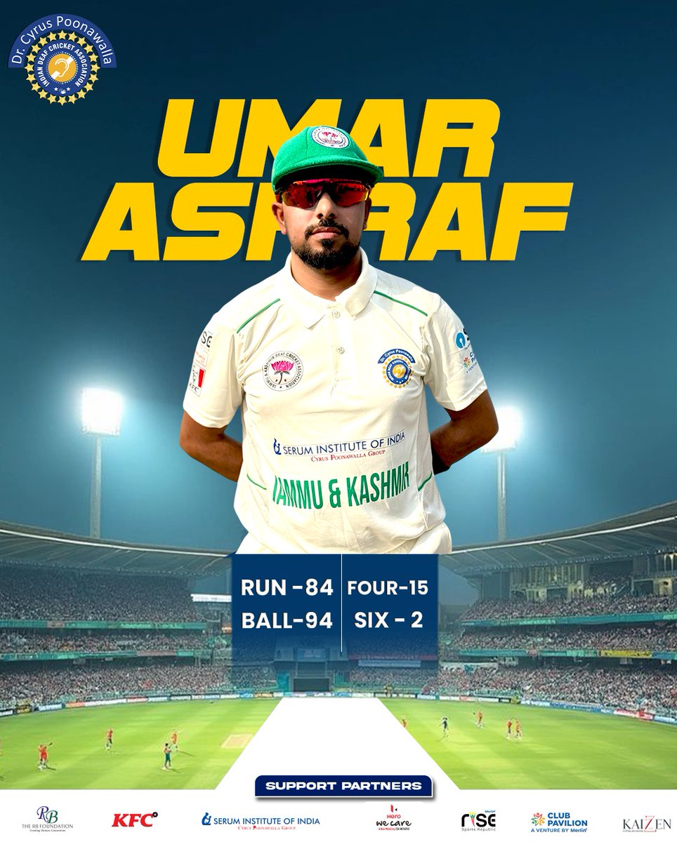official_idca's tweet photo. 🏏🔥 STANDOUT PERFORMANCES | SEMI-FINAL 🔥🏏

⭐ Nitish Behera (Odisha) – 6/60 | 13.3 overs | 4 maidens
⭐ Umar Ashraf (WK) – J&K – 84 (94) | 15️⃣4s • 2️⃣6s

Game-changing performances on the big stage! 💪🔥

#IDCA #TestNationalChampionship2025 #DeafCricket #StarPerformers #CricketForAll #MatchDay #CricketVibes