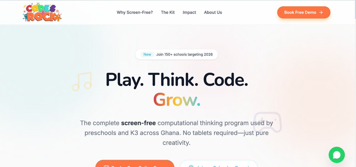 TettehTriumph's tweet image. Will be sharing what I build from now on @X. 

Built this website that allows schools and parents to sign up for our screen-free coding program for children ages 3 to 8 years. CodesRock is not just about coding, it’s also about child development and child protection. Visit…
