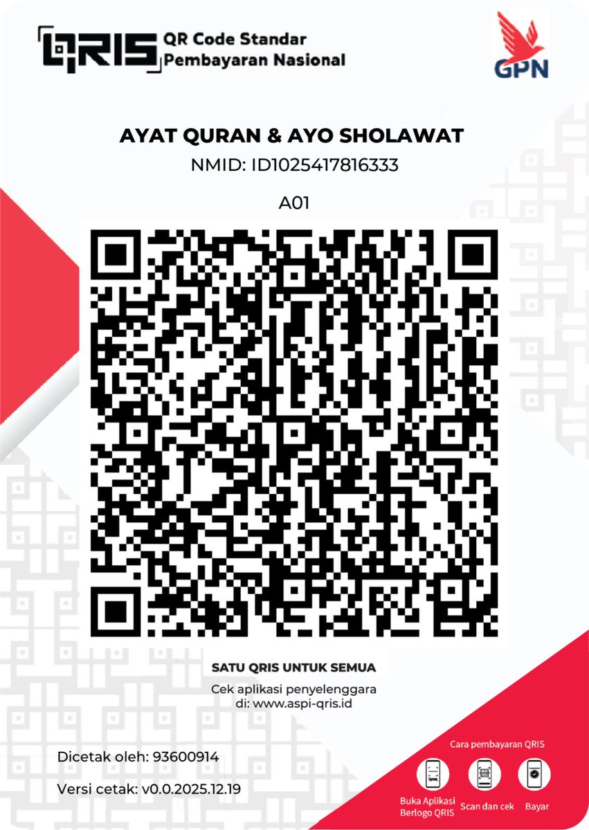 Bismillah, akun Twitter <a href="/ayatquran/">Ayat Quran</a> membuka dukungan melalui QRIS 

🙏 Terimakasih 
🤲 Barakallah