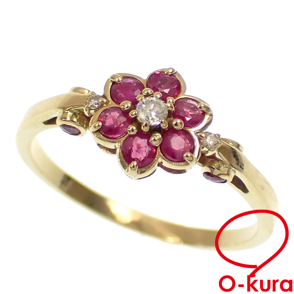 K18YG ルビー ダイヤモンド フラワーモチーフ リング 16号 販売中です