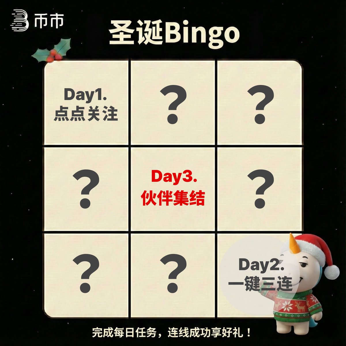🎄 圣诞 Bingo｜Day 3 任务开启！

来到 圣诞 Bingo 第 3 天 🎉
目前已有 3 个格子解锁中，连线机会越来越多，记得每天都要参与🤩

✅ Day 3 任务：加入 TG 群

完成以下步骤即可点亮第三格👇

1️⃣ 加入 BitMart 官方 TG 群
👉 t.me/BitMart_CN
2️⃣ 转推本贴文
3️⃣ 在评论区发上入群截图 + 你的