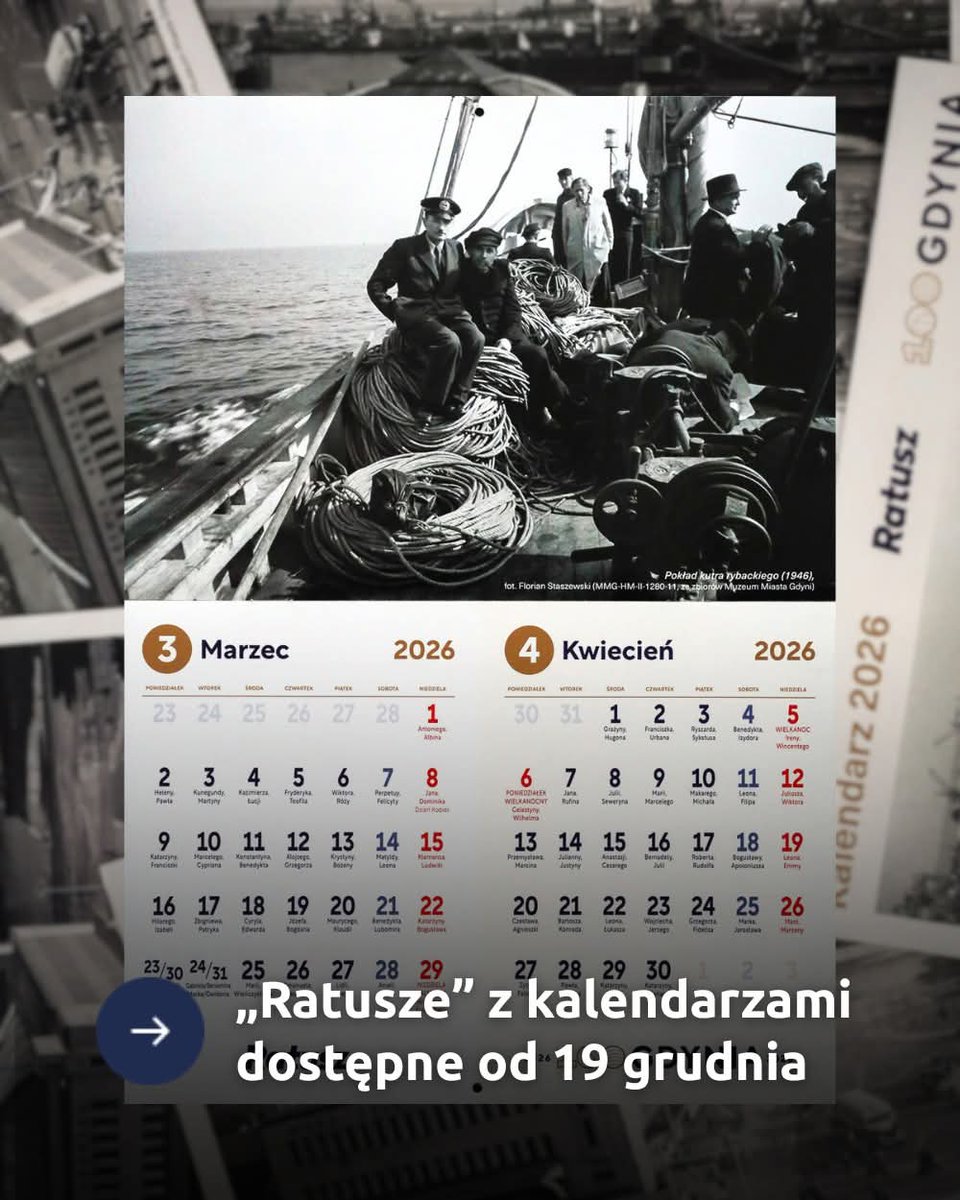 Jubileuszowy rok na horyzoncie, a w Wasze ręce oddajemy wyjątkowy kalendarz dołączony do świątecznego „Ratusza”! 
Znajdziecie tu historyczne fotografie ze zbiorów <a href="/MuzeumGdyni/">Muzeum Miasta Gdyni</a>, wiążące się ze 100-leciem Gdyni! ⚓
📍 Miejsca, gdzie można znaleźć „Ratusz”: gdynia.pl/tudostanieszra…